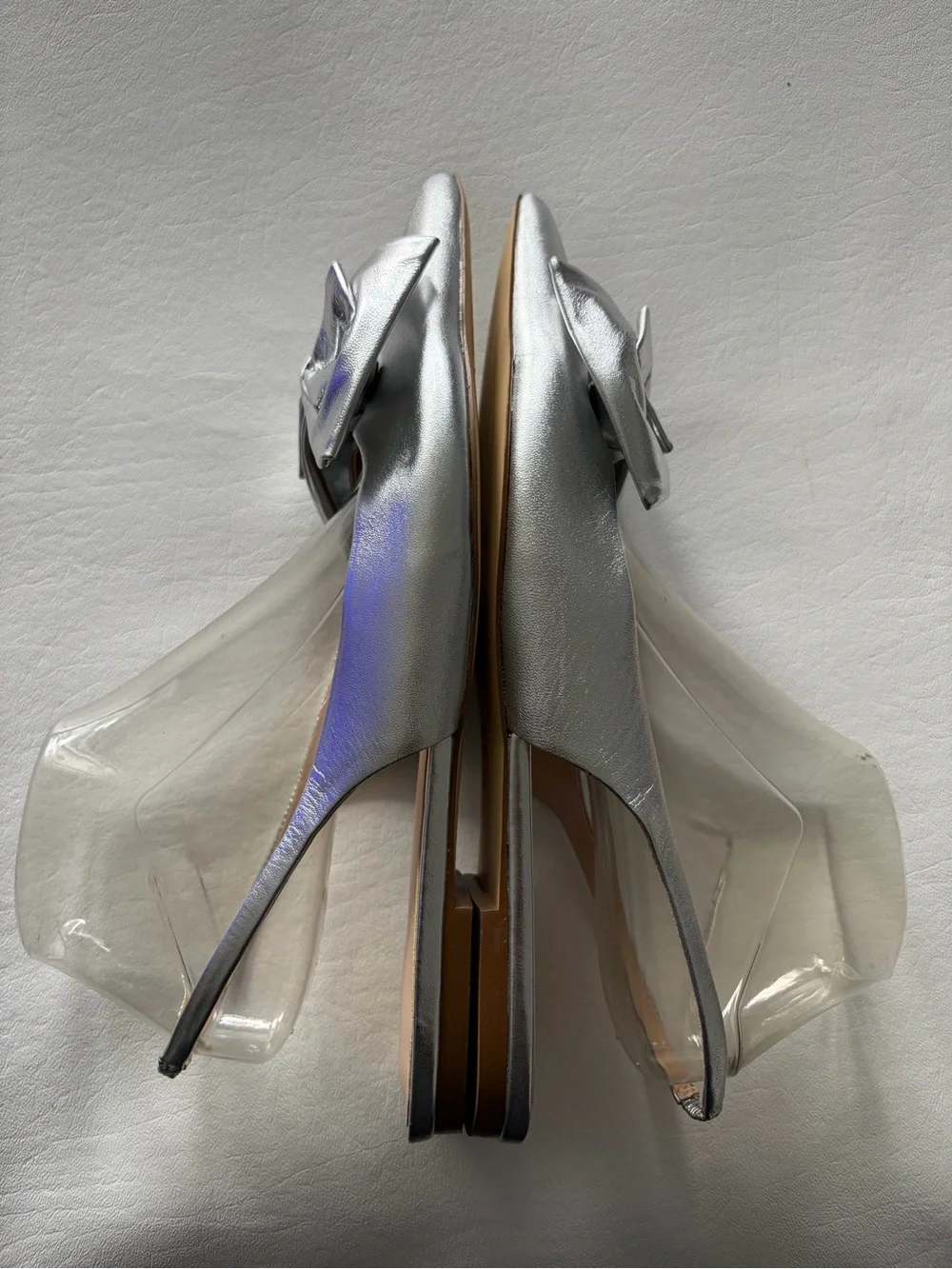 Anthropologie Maeve Bow Sling Back Flats 10M Metallic Festive Pointed Toe Silver